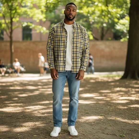 The North Face Blue Brown Mustard Cream Plaid Cotton Button Down Shirt Large - Picture 1 of 11